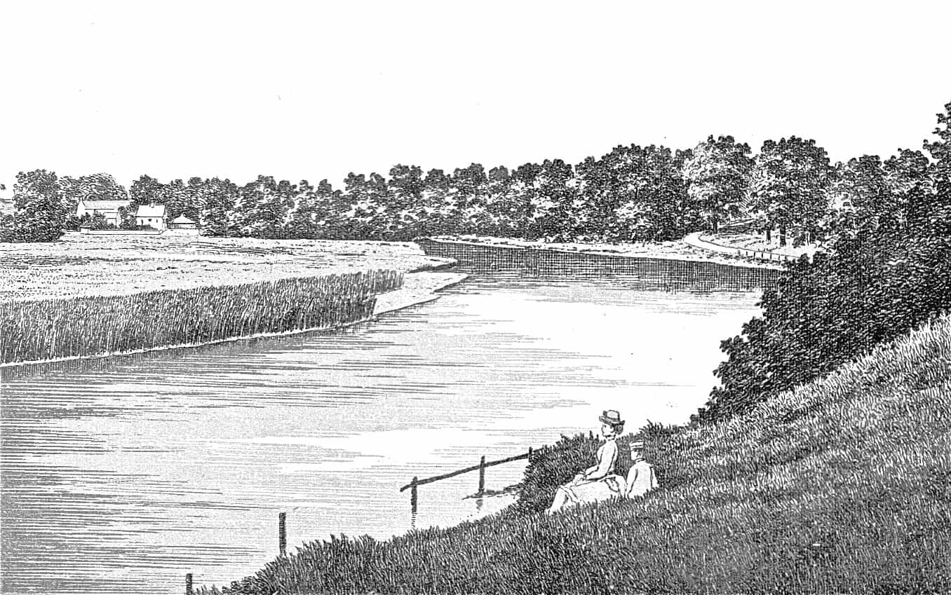 Black and white illustration of a person seated by a riverbank, overlooking a tranquil river with distant houses amidst lush foliage.