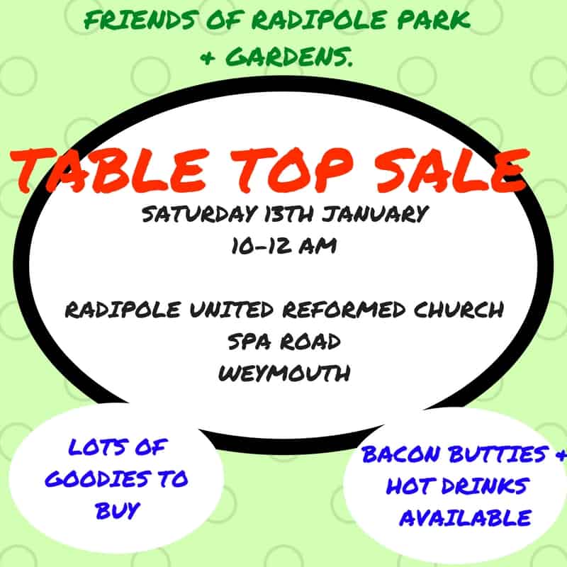 Poster for a tabletop sale at radipole united reformed church in weymouth on january 13th, featuring goods for sale and refreshments like bacon butties and hot drinks.