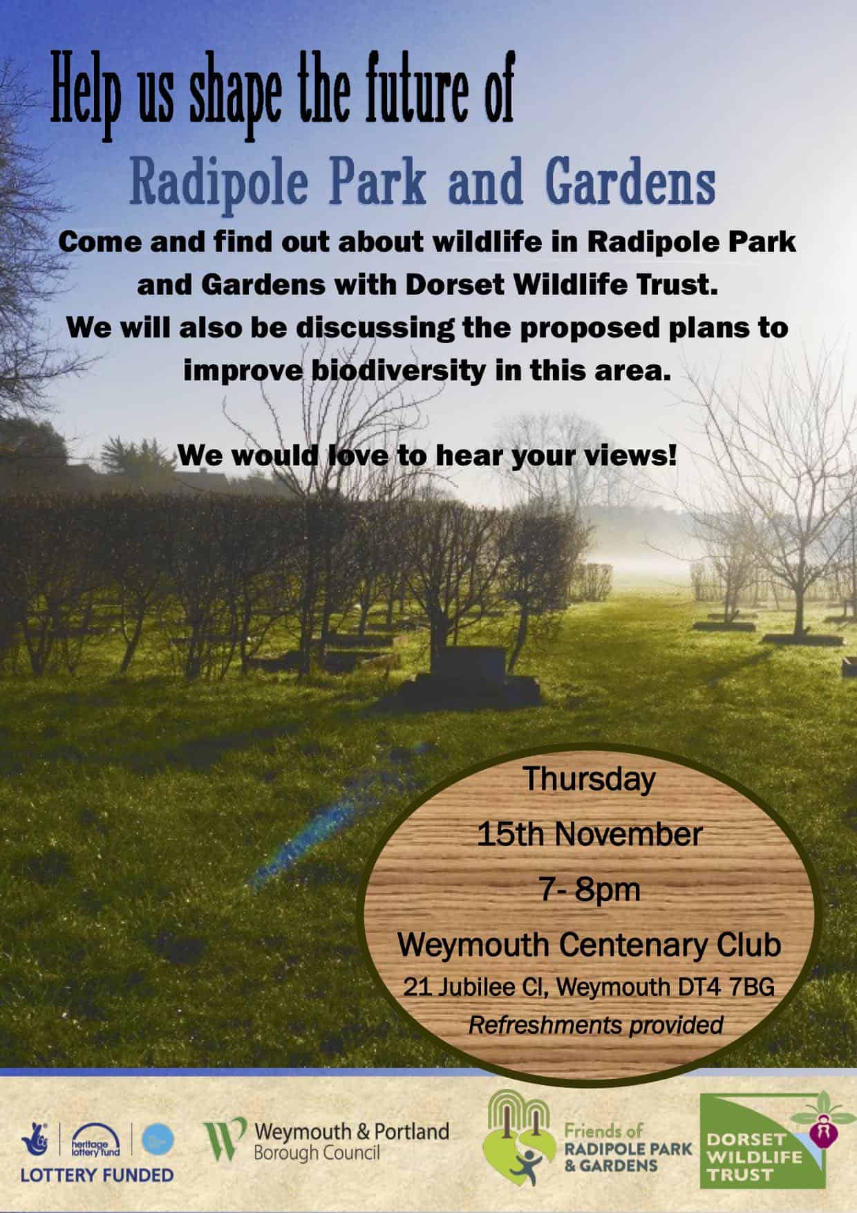 Poster for a community event discussing proposed plans for radipole park, featuring an image of a park, event details, and logos of sponsors.