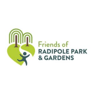 Logo of friends of radipole park & gardens featuring a stylized green heart with a tree design and a figure holding a brass band instrument, alongside the organization's name in green and gray text.