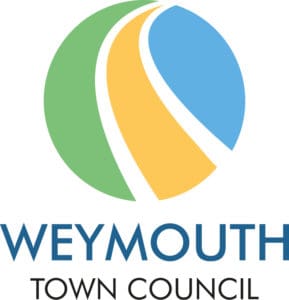 Logo of Weymouth Town Council featuring three curved stripes in green, orange, and blue, forming an abstract circular design reminiscent of brass band music notes above the text "Weymouth Town Council.
