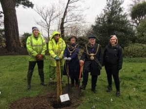 Weymouth Mayor Cllr Colin Huckle and wife with Weymouth parks team planting Queen's Jubilee willow in Radipole gardens 2022