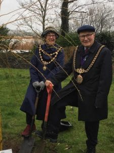 Weymouth Mayor Cllr Colin Huckle and wife planting Queen's Jubilee willow in Radipole gardens 2022